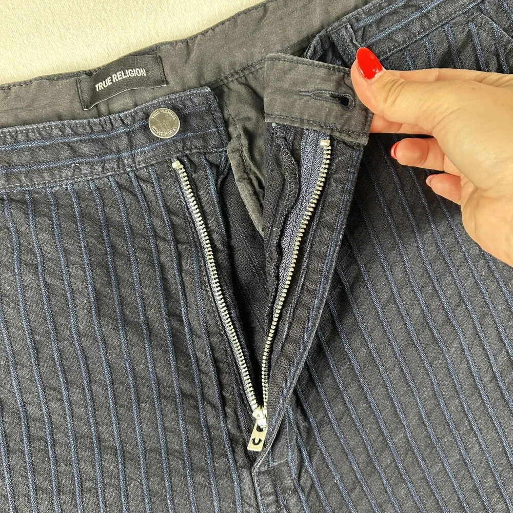 True Religion Shorts Mens 44 Blue Pinstripe Denim Chino Flat Front 8